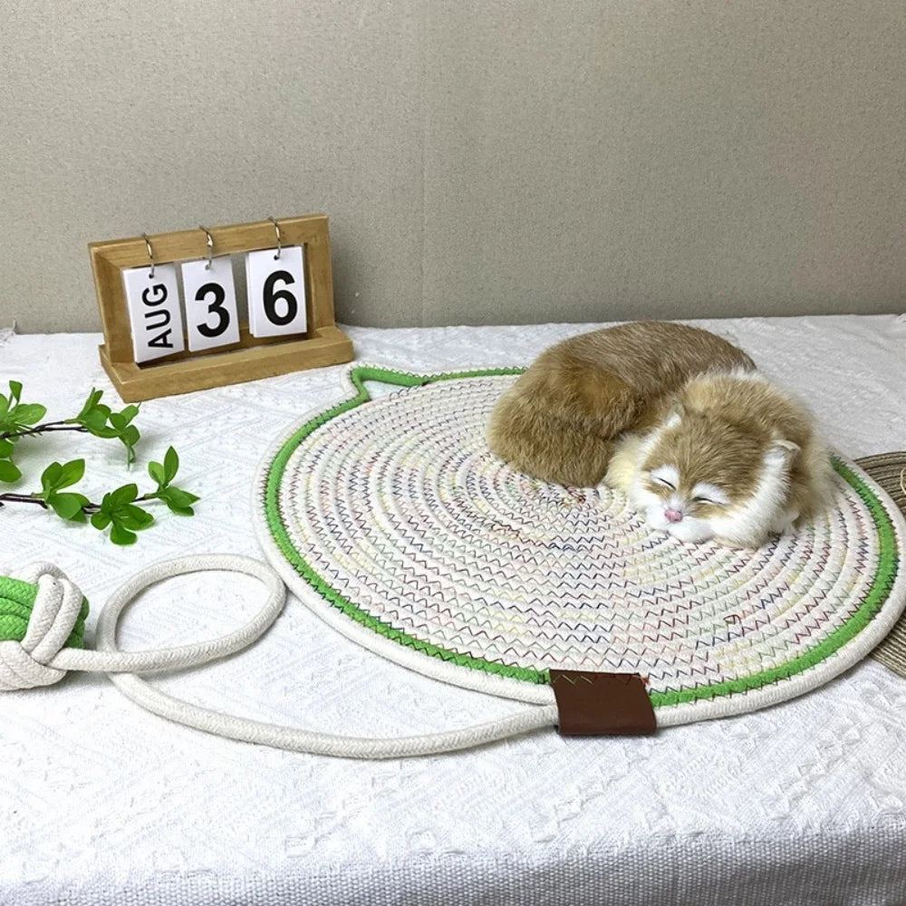Cat Scratching Pad, Natural Cotton Rope Scratching Pad, with Ear-Shaped Hanging Hooks and Toy Balls, Suitable for Walls, Floors,