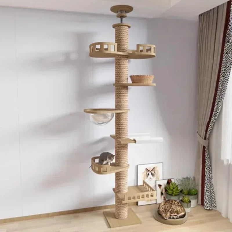 Multi-Level with Scratching Post Hammock Adjustable Wooden Cat Tree House Pet Activity Center Pet Kitten Climbing Toy Cat Tower