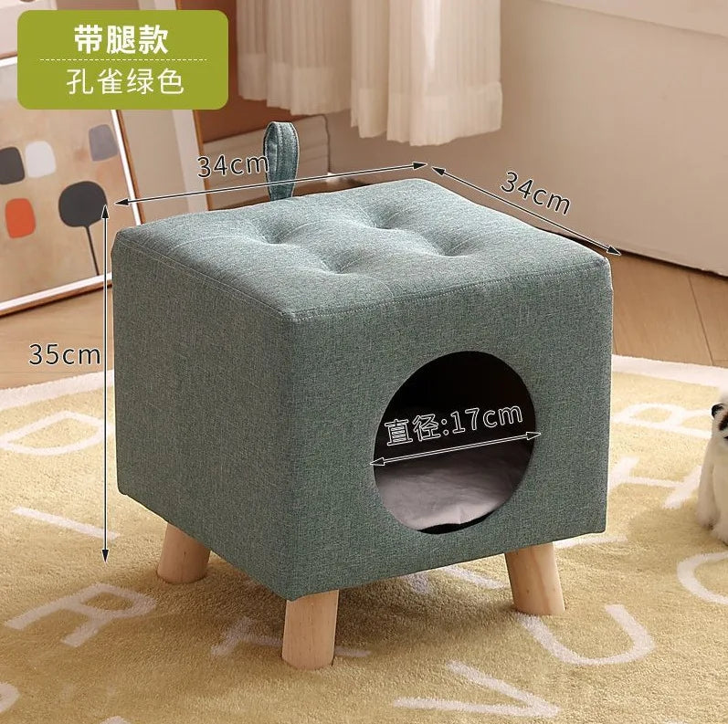 Solid Wood Cat Nest Stool Four Seasons Universal Cat House Kitten Semi-closed Pet Bed Warmth
