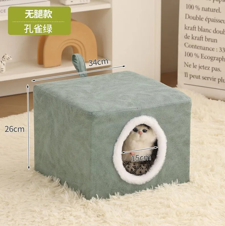 Solid Wood Cat Nest Stool Four Seasons Universal Cat House Kitten Semi-closed Pet Bed Warmth