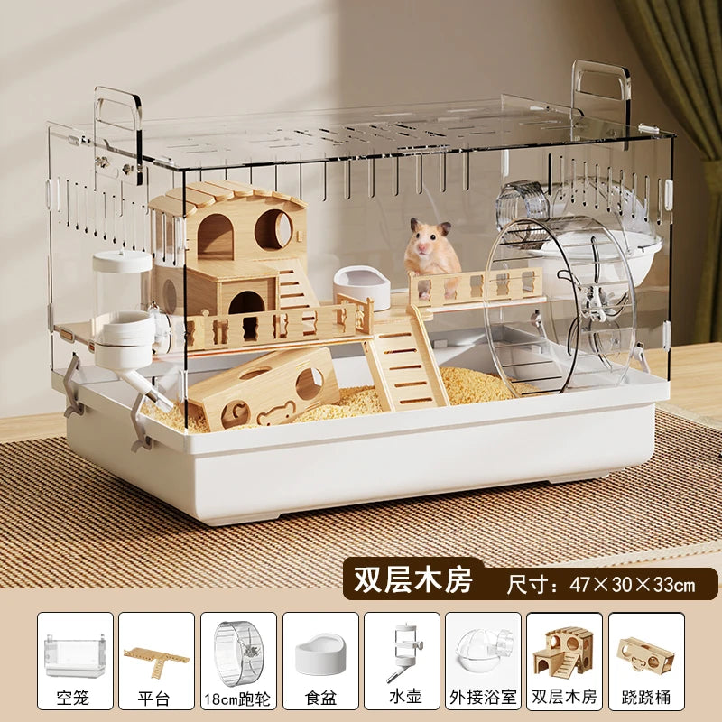 Acrylic Hamster Cage Transparent Rodent Habitat Cage with Accessories Luxury Villa for Syrian Dwarf Gerbil Mouse Enclosure Tank