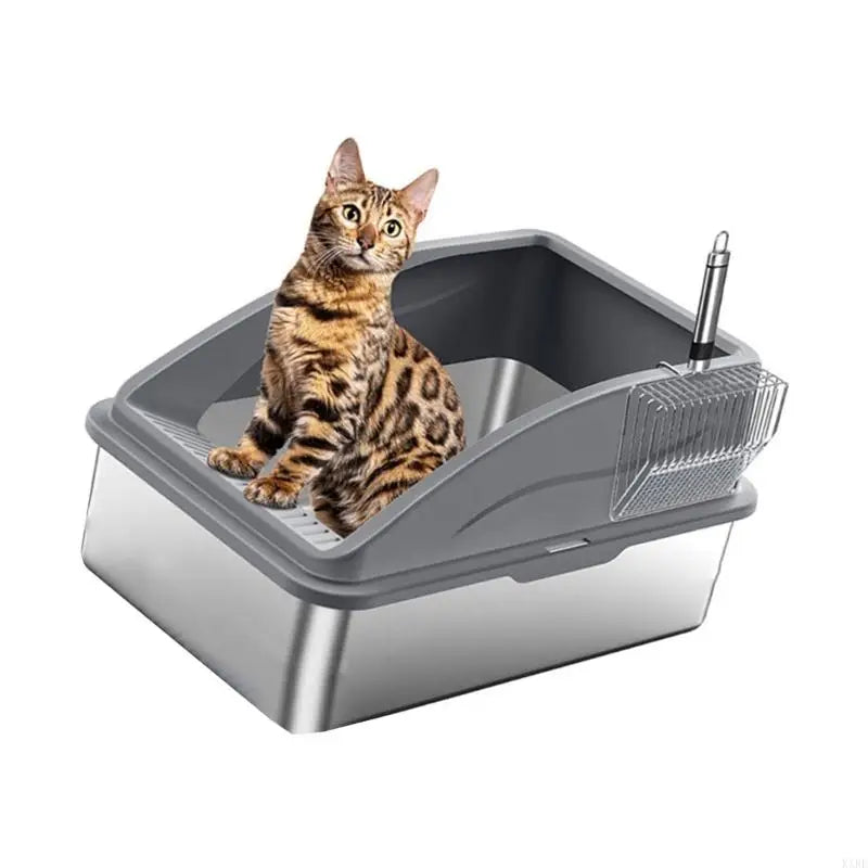 Enclosed Stainless Steel Cats Litter Box With Scoops SplashPrevent Design Litter Container For Odors Eliminations KXRE