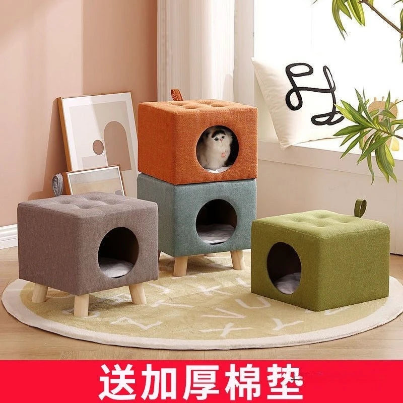 Solid Wood Cat Nest Stool Four Seasons Universal Cat House Kitten Semi-closed Pet Bed Warmth
