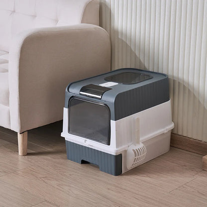 Cat Litter Box with Scoop, Large Foldable Litter Box with Lid, Front Entry Top Exit Kitty Box, Odor Control, Easy To Clean