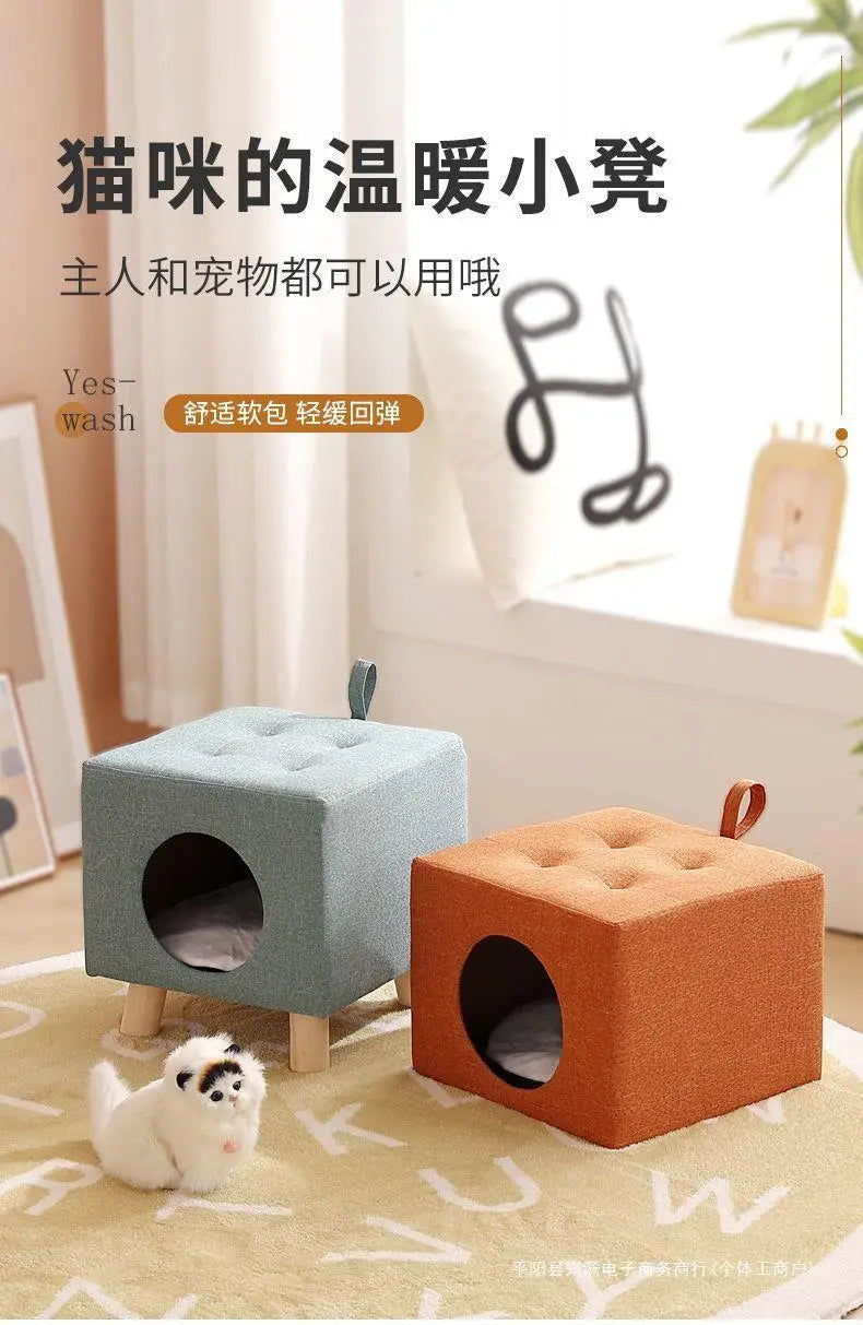 Solid Wood Cat Nest Stool Four Seasons Universal Cat House Kitten Semi-closed Pet Bed Warmth