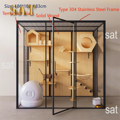 Cat House Sustainable Cat Villa Pet Furniture with Animal Pattern Solid Wood and Metal for Rabbit Living