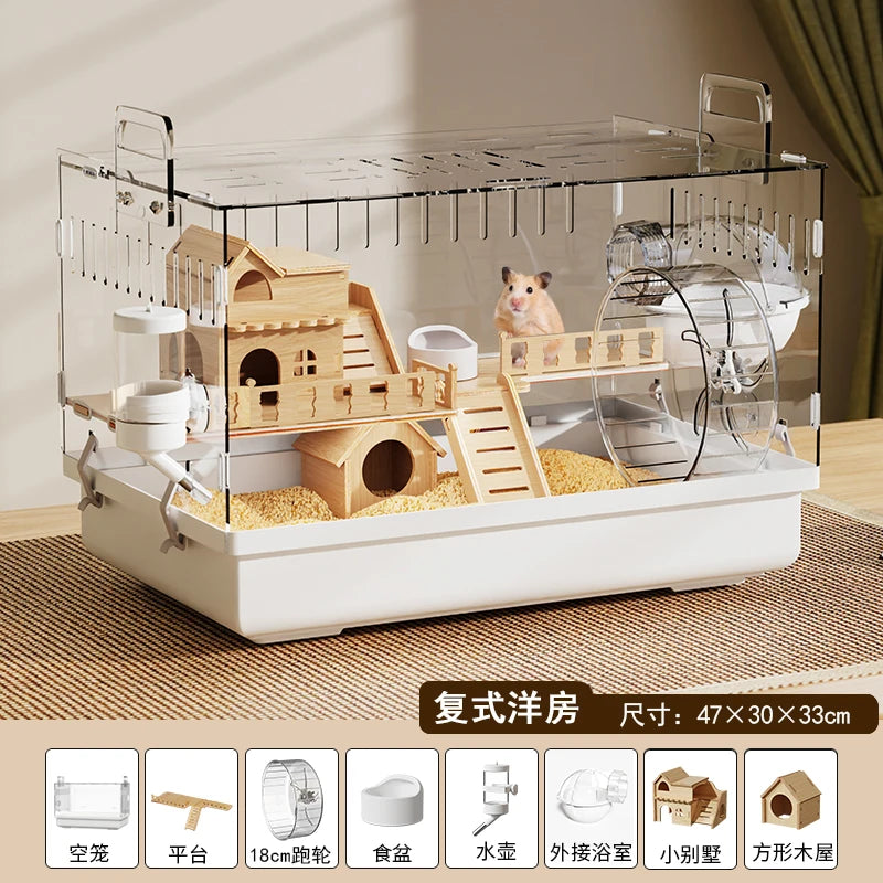 Acrylic Hamster Cage Transparent Rodent Habitat Cage with Accessories Luxury Villa for Syrian Dwarf Gerbil Mouse Enclosure Tank