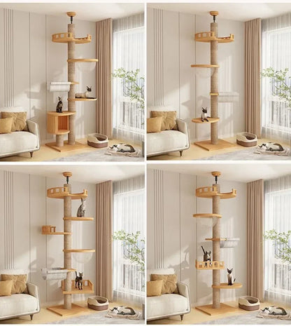 Multi-Level with Scratching Post Hammock Adjustable Wooden Cat Tree House Pet Activity Center Pet Kitten Climbing Toy Cat Tower