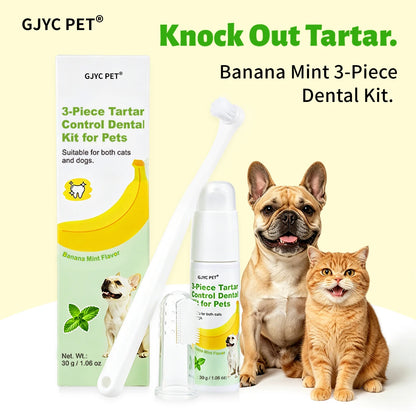 3 Piece Pet Dental Care Kit Banana Mint Tartar Control Plaque Remover Toothpaste Gel for Dogs Cats Fresh Breath Gentle Oral Care