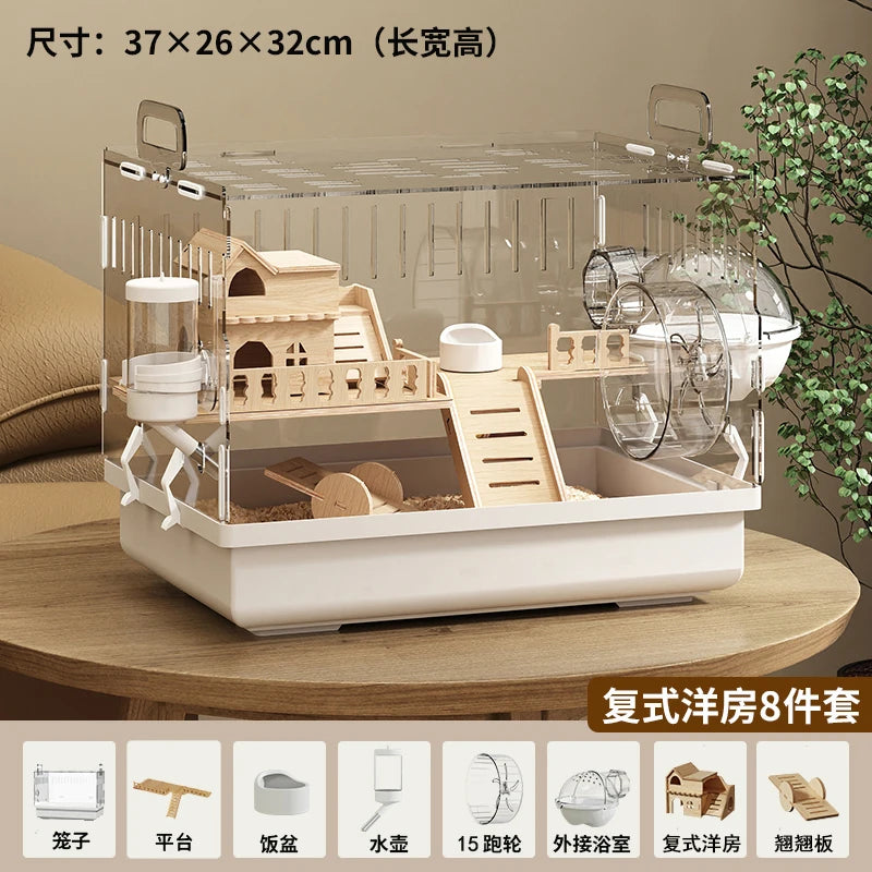 Acrylic Hamster Cage Transparent Rodent Habitat Cage with Accessories Luxury Villa for Syrian Dwarf Gerbil Mouse Enclosure Tank