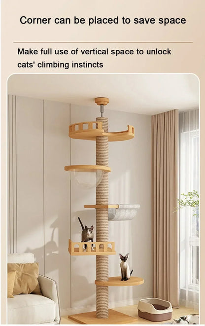 Multi-Level with Scratching Post Hammock Adjustable Wooden Cat Tree House Pet Activity Center Pet Kitten Climbing Toy Cat Tower