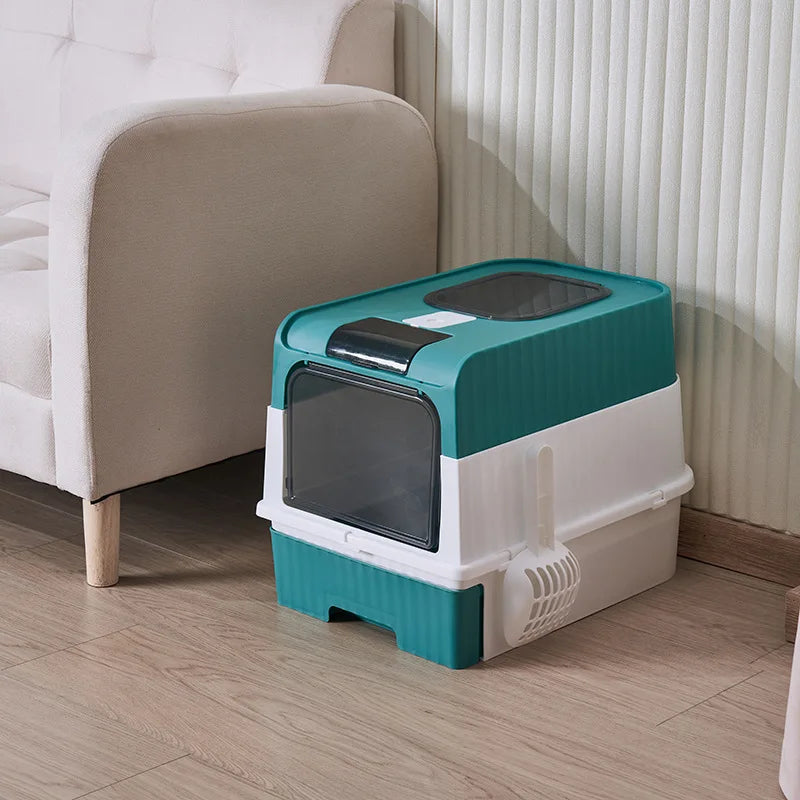 Cat Litter Box with Scoop, Large Foldable Litter Box with Lid, Front Entry Top Exit Kitty Box, Odor Control, Easy To Clean