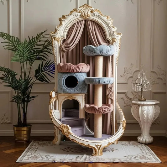 Luxury Royal Oval Frame Cat Tree House Wooden Pet Furniture  Condo Tower With Spiral Stairs And Velvet Bed For Cats
