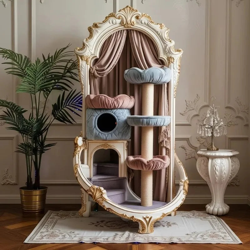 Luxury Royal Oval Frame Cat Tree House Wooden Pet Furniture  Condo Tower With Spiral Stairs And Velvet Bed For Cats