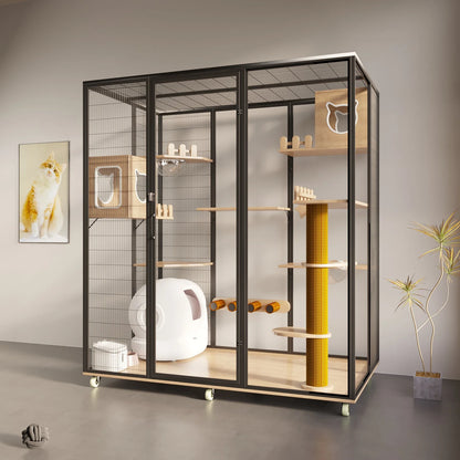 Cat House Sustainable Cat Villa Pet Furniture with Animal Pattern Solid Wood and Metal for Rabbit Living