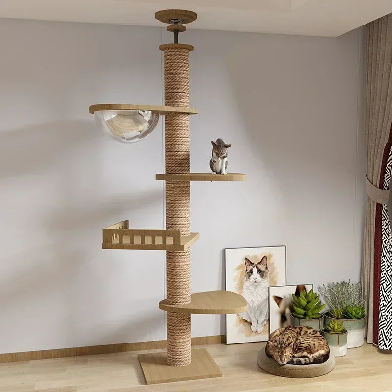 Multi-Level with Scratching Post Hammock Adjustable Wooden Cat Tree House Pet Activity Center Pet Kitten Climbing Toy Cat Tower