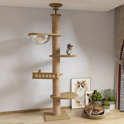 Multi-Level with Scratching Post Hammock Adjustable Wooden Cat Tree House Pet Activity Center Pet Kitten Climbing Toy Cat Tower