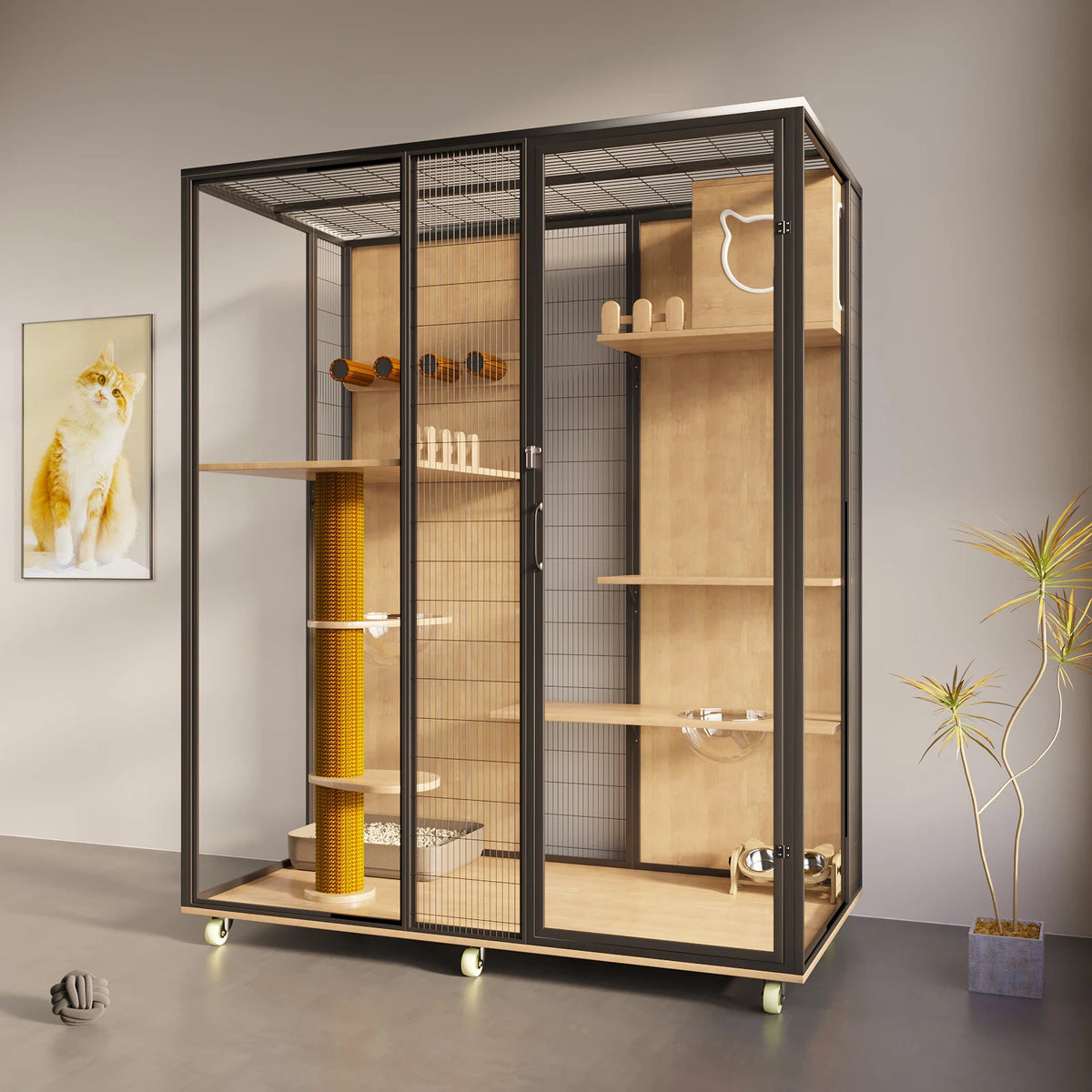 Cat House Sustainable Cat Villa Pet Furniture with Animal Pattern Solid Wood and Metal for Rabbit Living