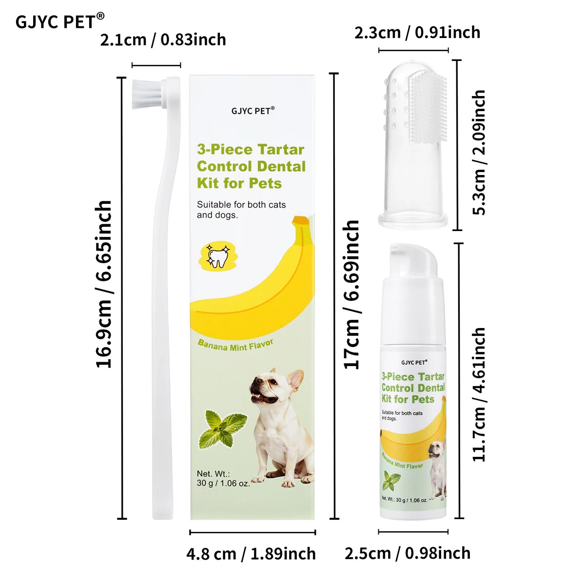 3 Piece Pet Dental Care Kit Banana Mint Tartar Control Plaque Remover Toothpaste Gel for Dogs Cats Fresh Breath Gentle Oral Care