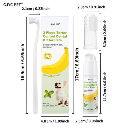 3 Piece Pet Dental Care Kit Banana Mint Tartar Control Plaque Remover Toothpaste Gel for Dogs Cats Fresh Breath Gentle Oral Care