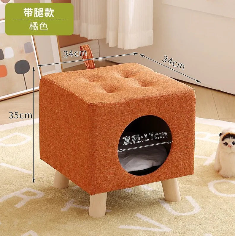 Solid Wood Cat Nest Stool Four Seasons Universal Cat House Kitten Semi-closed Pet Bed Warmth