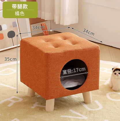 Solid Wood Cat Nest Stool Four Seasons Universal Cat House Kitten Semi-closed Pet Bed Warmth