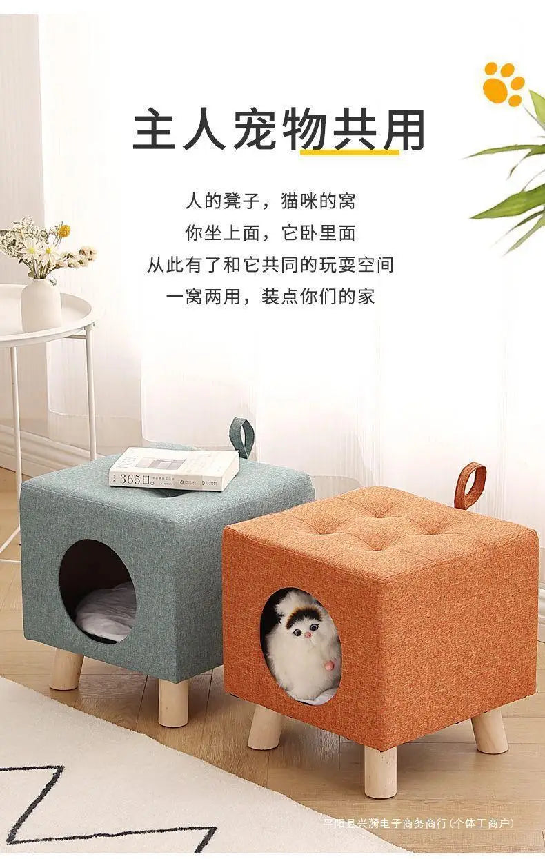Solid Wood Cat Nest Stool Four Seasons Universal Cat House Kitten Semi-closed Pet Bed Warmth