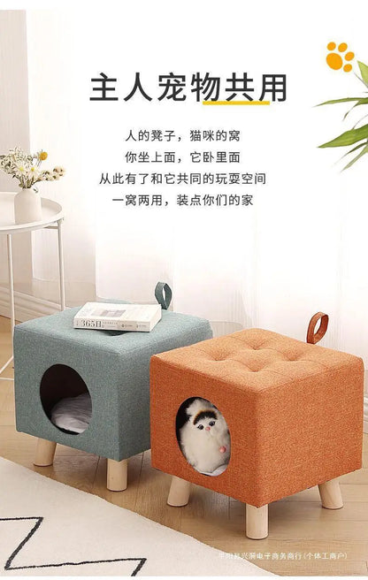 Solid Wood Cat Nest Stool Four Seasons Universal Cat House Kitten Semi-closed Pet Bed Warmth