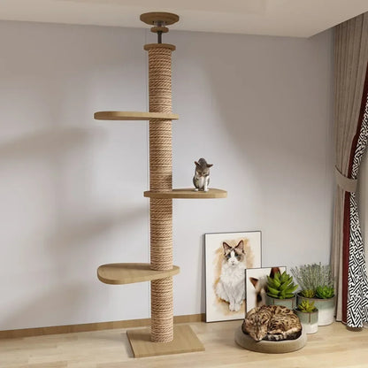 Multi-Level with Scratching Post Hammock Adjustable Wooden Cat Tree House Pet Activity Center Pet Kitten Climbing Toy Cat Tower