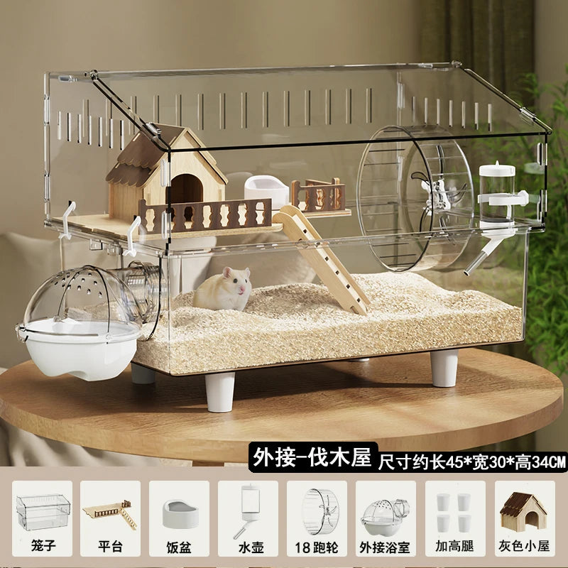 Acrylic Hamster Cage Transparent Rodent Habitat Cage with Accessories Luxury Villa for Syrian Dwarf Gerbil Mouse Enclosure Tank
