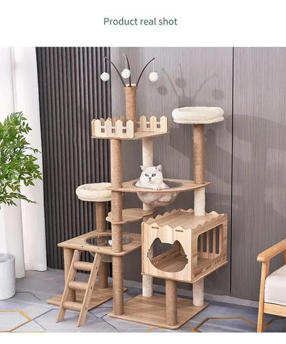 Multi-Level Durable Cat Tower - Large Wooden Cat Tree with Space Pod & Scratching Posts Practical Indoor Cat Furniture & Toy