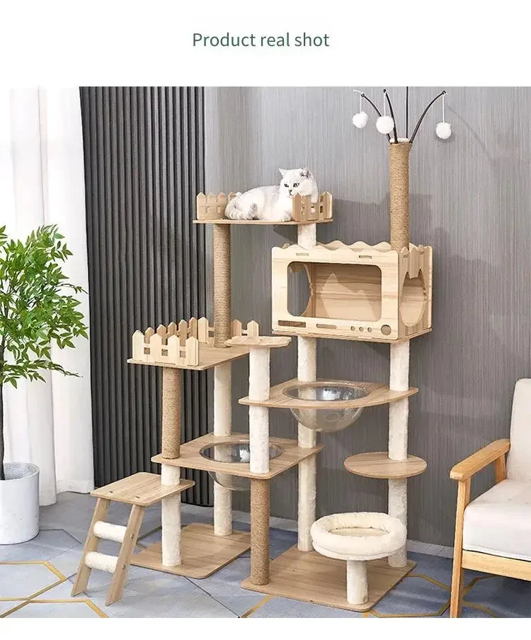 Multi-Level Durable Cat Tower - Large Wooden Cat Tree with Space Pod & Scratching Posts Practical Indoor Cat Furniture & Toy