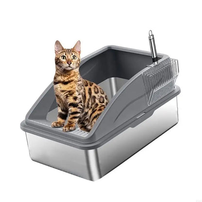 Enclosed Stainless Steel Cats Litter Box With Scoops SplashPrevent Design Litter Container For Odors Eliminations KXRE