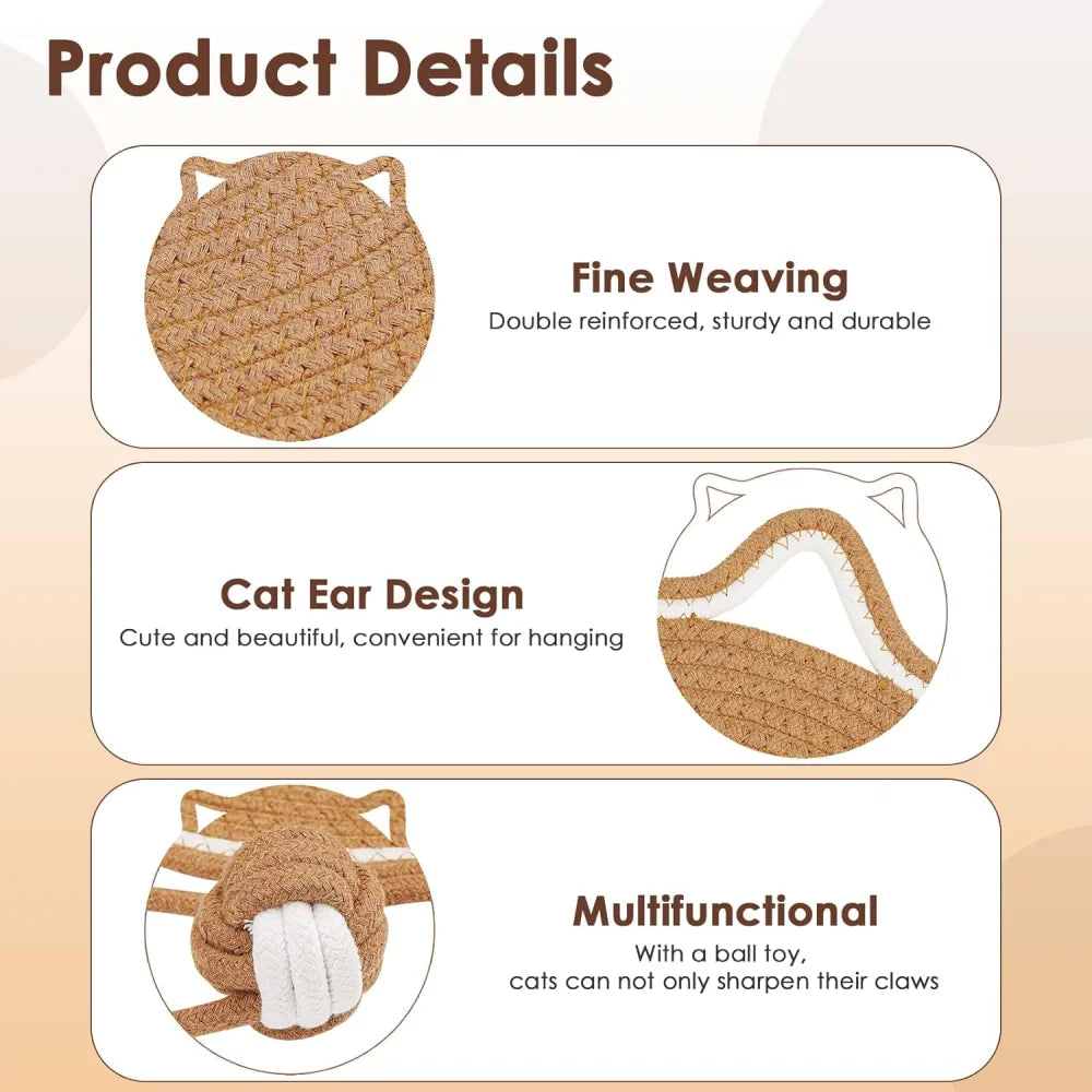 Cat Scratching Pad, Natural Cotton Rope Scratching Pad, with Ear-Shaped Hanging Hooks and Toy Balls, Suitable for Walls, Floors,