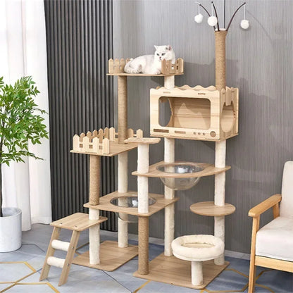 Multi-Level Durable Cat Tower - Large Wooden Cat Tree with Space Pod & Scratching Posts Practical Indoor Cat Furniture & Toy
