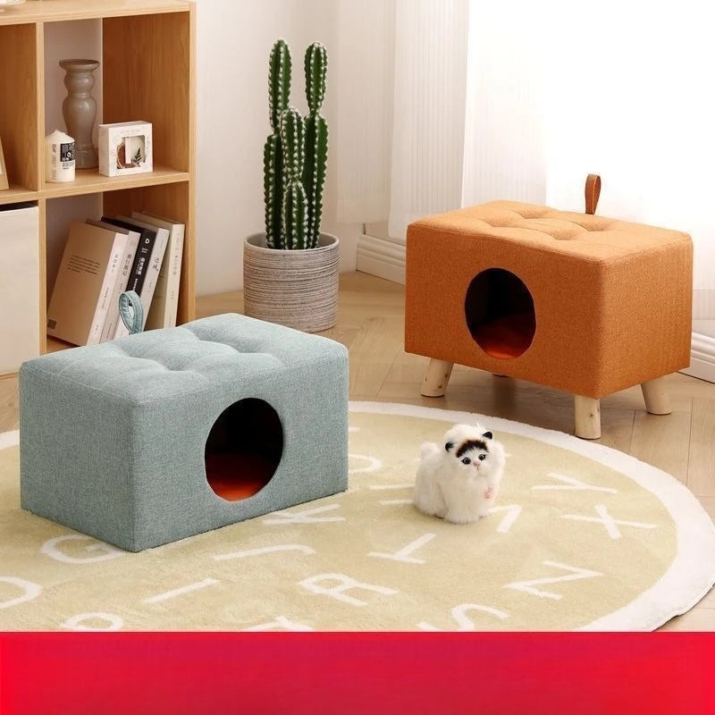 Solid Wood Cat Nest Stool Four Seasons Universal Cat House Kitten Semi-closed Pet Bed Warmth