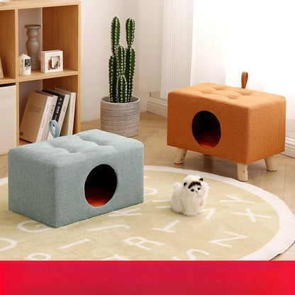 Solid Wood Cat Nest Stool Four Seasons Universal Cat House Kitten Semi-closed Pet Bed Warmth