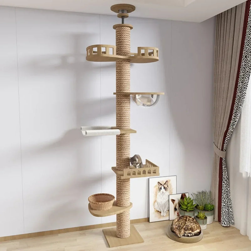Multi-Level with Scratching Post Hammock Adjustable Wooden Cat Tree House Pet Activity Center Pet Kitten Climbing Toy Cat Tower