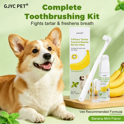 3 Piece Pet Dental Care Kit Banana Mint Tartar Control Plaque Remover Toothpaste Gel for Dogs Cats Fresh Breath Gentle Oral Care