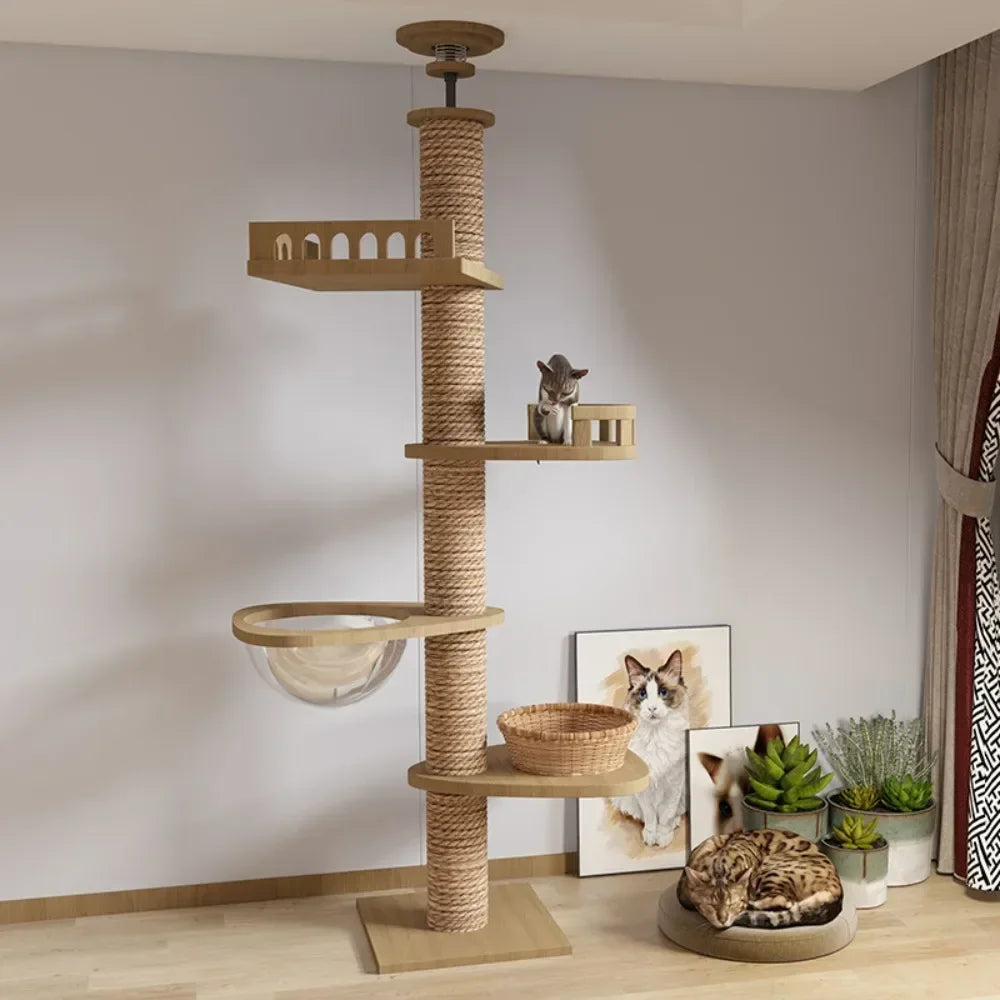 Multi-Level with Scratching Post Hammock Adjustable Wooden Cat Tree House Pet Activity Center Pet Kitten Climbing Toy Cat Tower