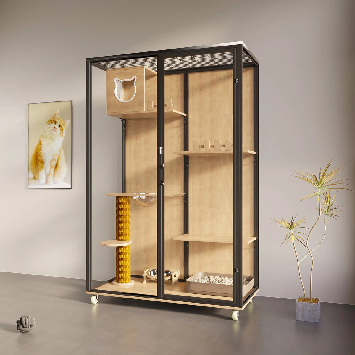 Cat House Sustainable Cat Villa Pet Furniture with Animal Pattern Solid Wood and Metal for Rabbit Living