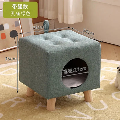 Solid Wood Cat Nest Stool Four Seasons Universal Cat House Kitten Semi-closed Pet Bed Warmth