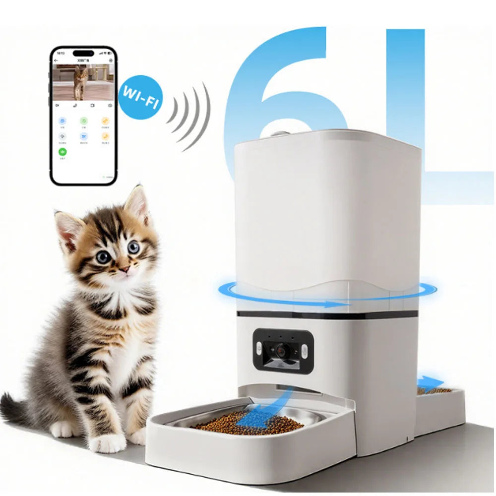 6L Large Capacity Cat Smart Pet Feeder Wi-Fi & Camera Controlled Feeder 2 Million Pixel Automatic Dog & Cat Food Dispenser