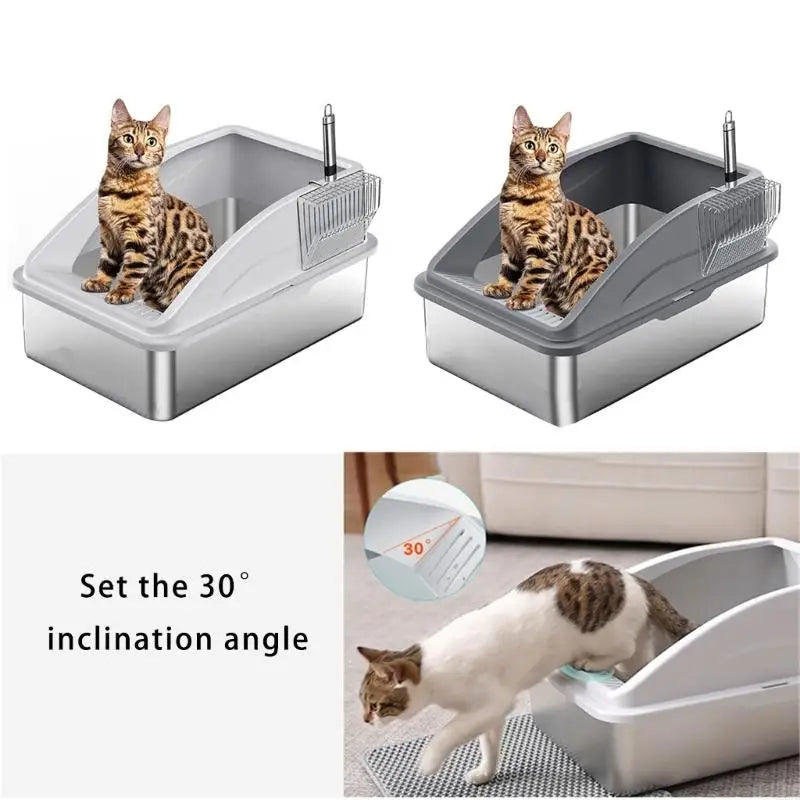 Enclosed Stainless Steel Cats Litter Box With Scoops SplashPrevent Design Litter Container For Odors Eliminations KXRE