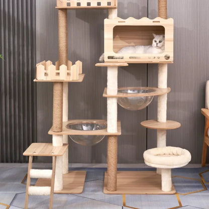 Multi-Level Durable Cat Tower - Large Wooden Cat Tree with Space Pod & Scratching Posts Practical Indoor Cat Furniture & Toy