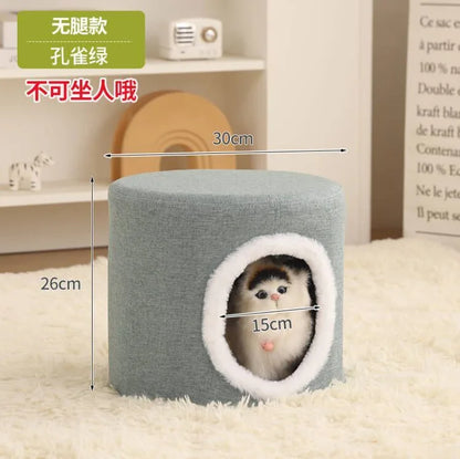 Solid Wood Cat Nest Stool Four Seasons Universal Cat House Kitten Semi-closed Pet Bed Warmth