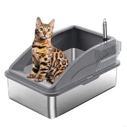 Enclosed Stainless Steel Cats Litter Box With Scoops SplashPrevent Design Litter Container For Odors Eliminations KXRE