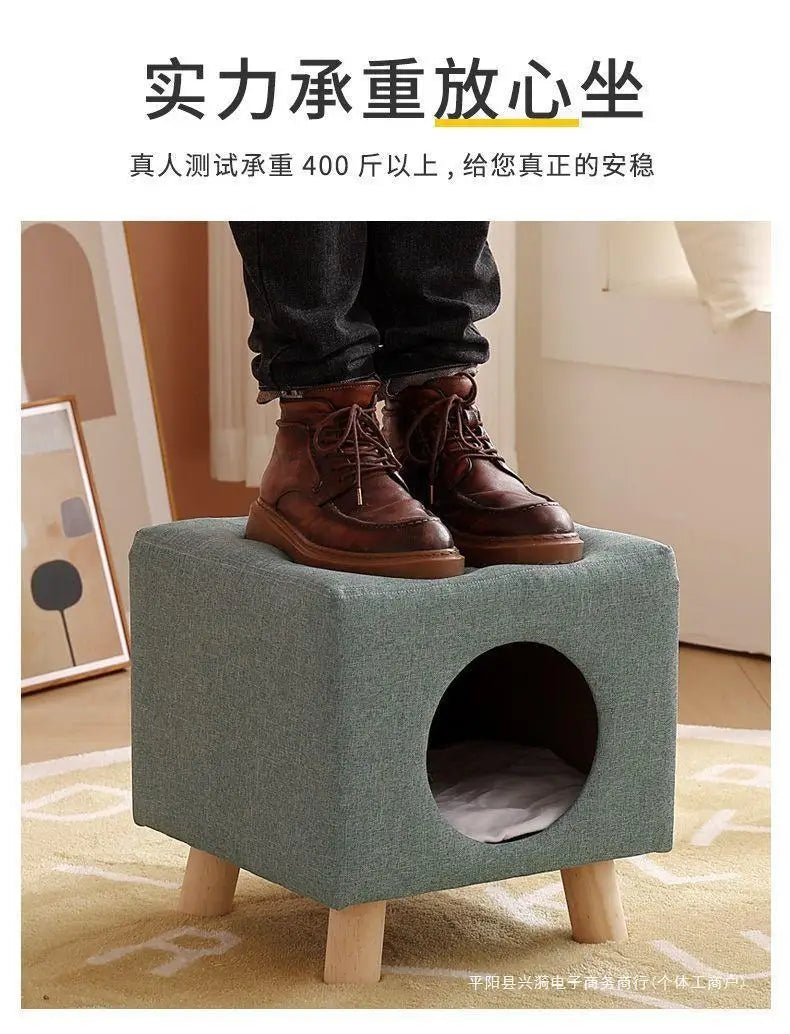 Solid Wood Cat Nest Stool Four Seasons Universal Cat House Kitten Semi-closed Pet Bed Warmth