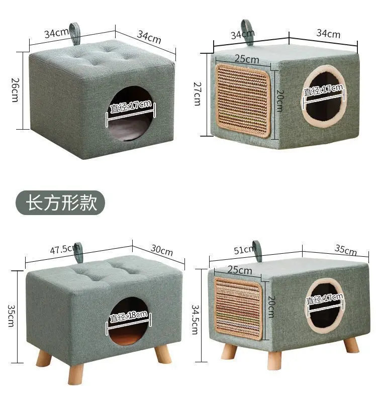 Solid Wood Cat Nest Stool Four Seasons Universal Cat House Kitten Semi-closed Pet Bed Warmth