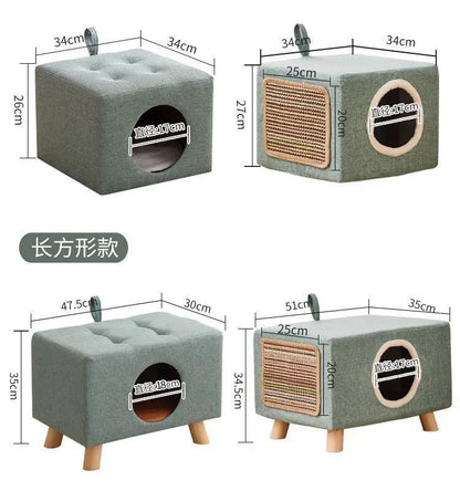Solid Wood Cat Nest Stool Four Seasons Universal Cat House Kitten Semi-closed Pet Bed Warmth
